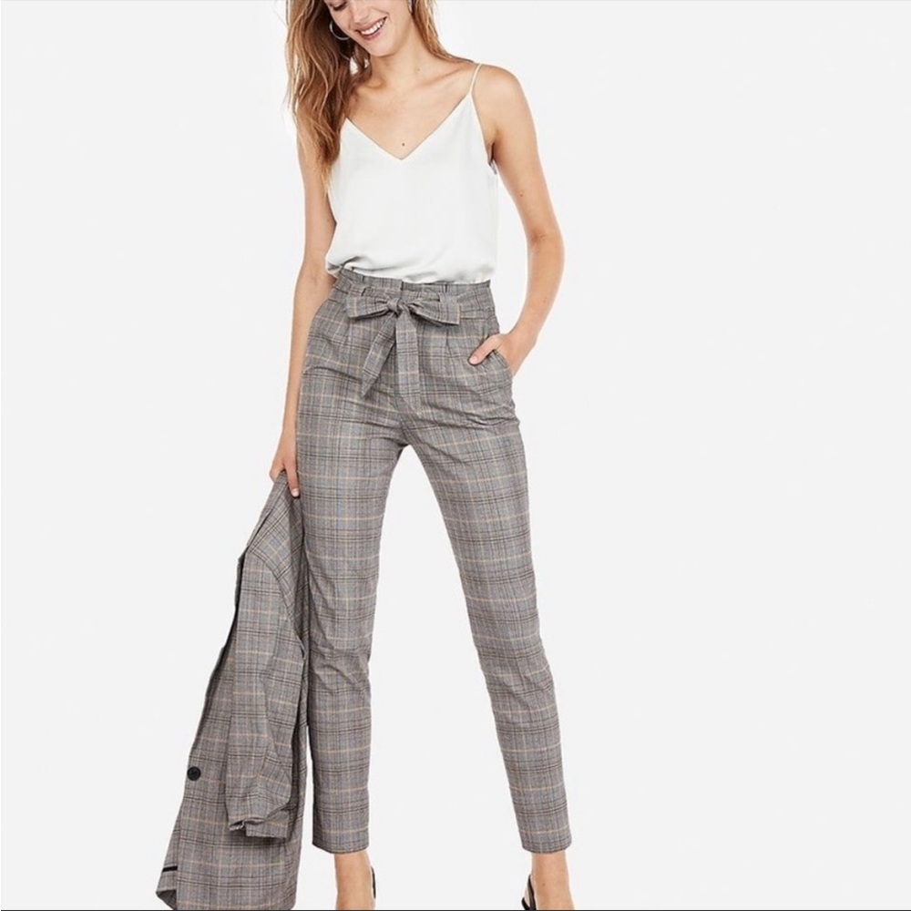 express high waist paper bag plaid pants